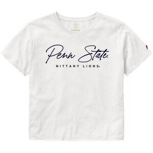 women's white short sleeve cropped t-shirt with Penn State Nittany Lions